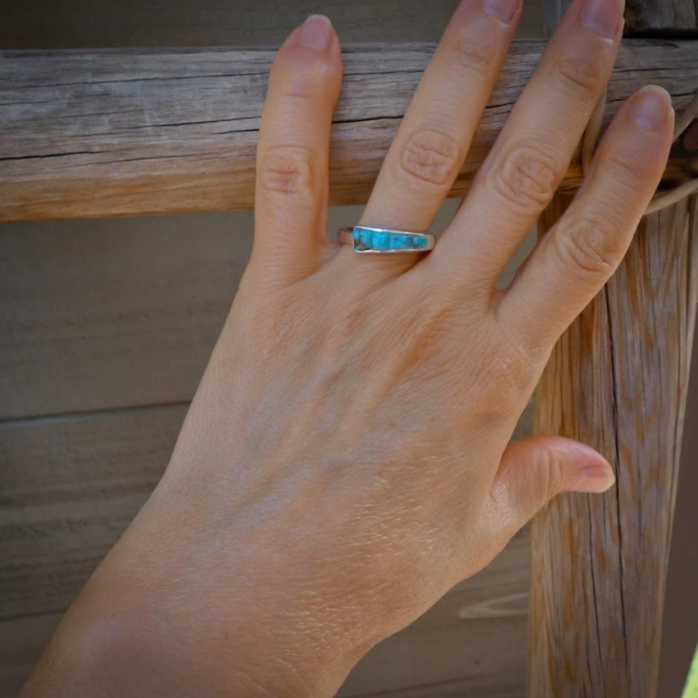COPY - Sterling Silver Turquoise Cobblestone Inlay Band Stacking Ring Size 9 1/4